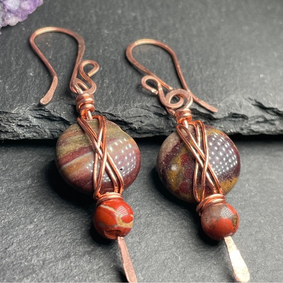 Artisan Copper and Earthy Agate and Jasper Stone Earrings - Picture 10 of 14